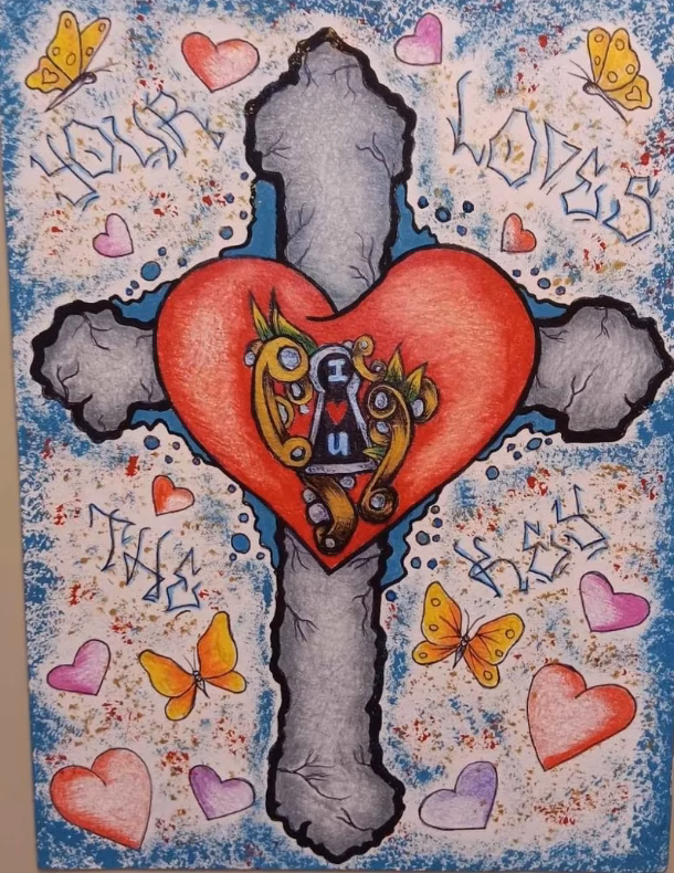 A cross with a red heart in the center containing a keyhole with the letters 'I' and 'u'. The background is blue with graffiti-style words 'HOPE', 'LOVE', 'FAITH', and 'PEACE', along with butterflies and hearts.